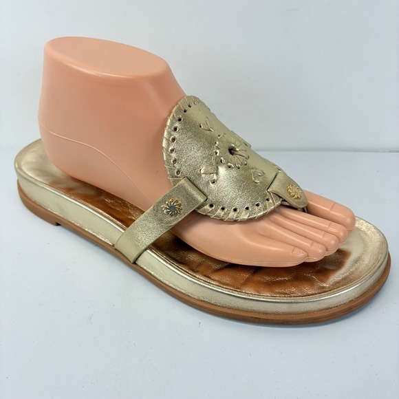 Jack Rogers Collins Slip-On Flat Sandals Womens 9M Gold Whipstitch Thong Sandals - Picture 2 of 5